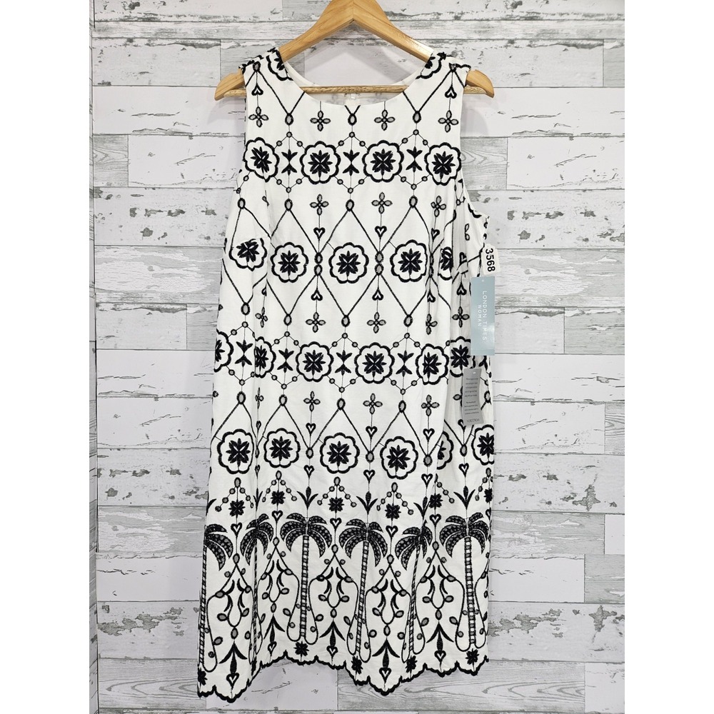 London Times White Black Embroidered‎ Eyelet Shift Dress Women 14W